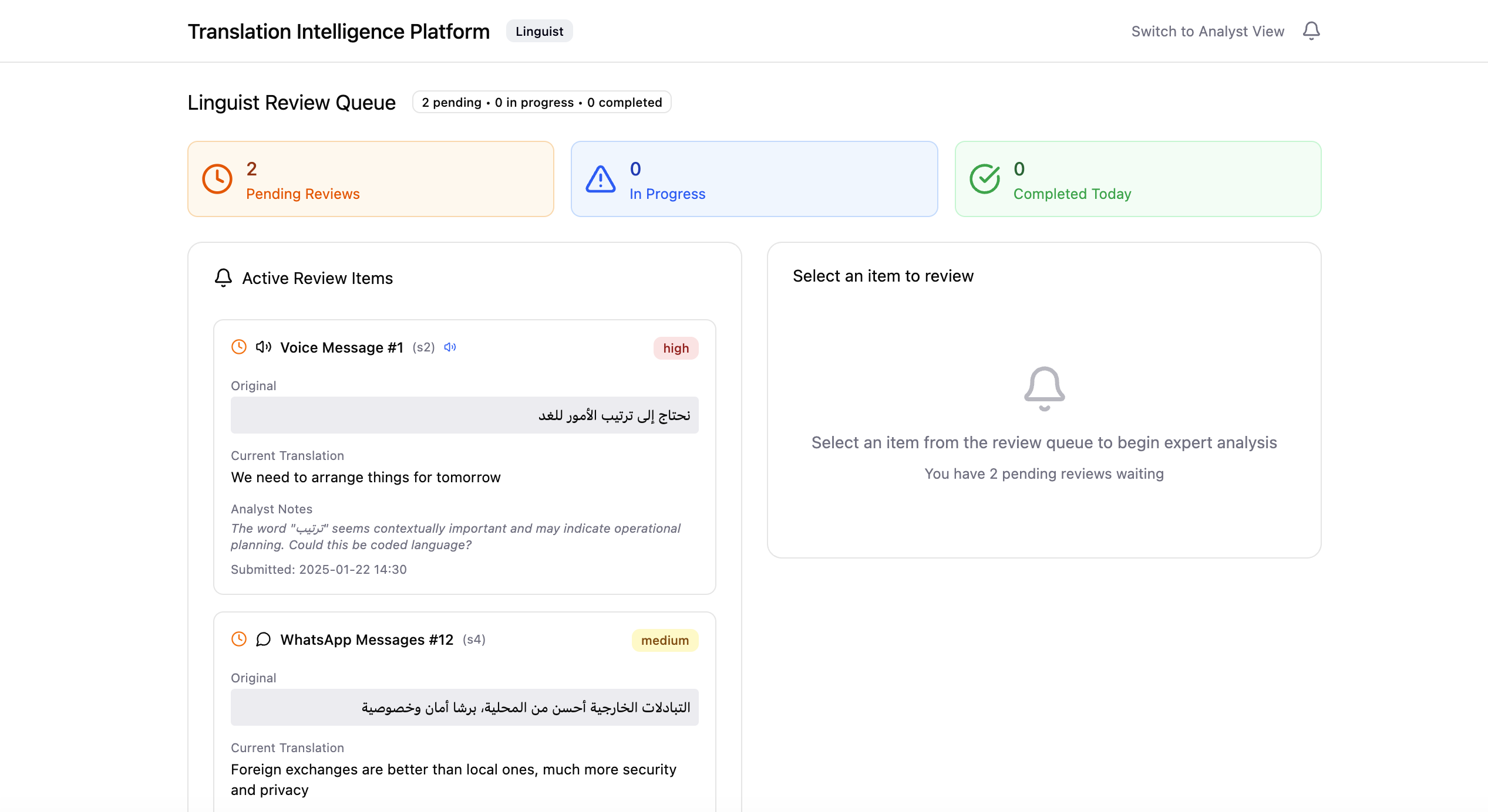 Linguist review queue with escalated low-confidence translations